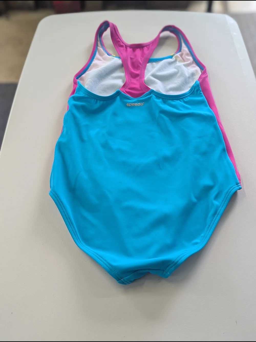 Speedo Girls Size 14 One Piece Swimsuit Blue Pink Colorblock Racerback Youth